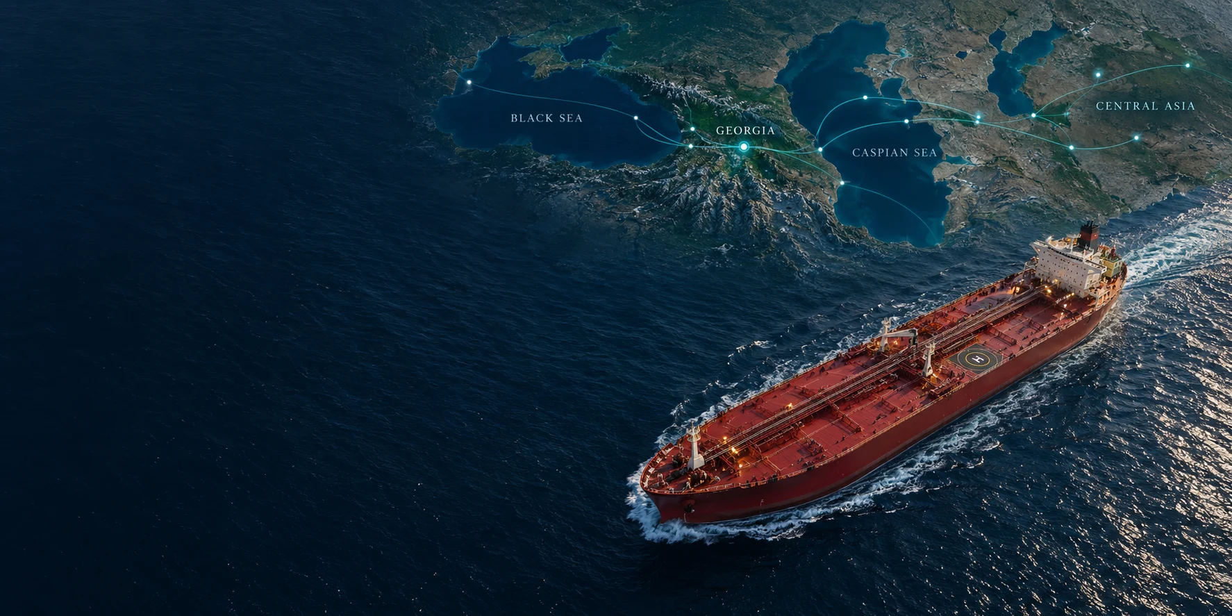Illustration of a tanker and the Georgia, Caspian and Central Asia trade region